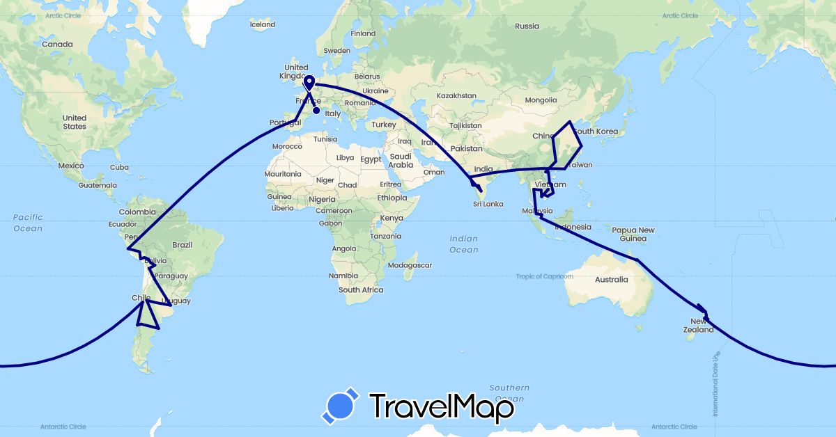 TravelMap itinerary: driving in Argentina, Australia, Bolivia, Chile, China, Spain, France, United Kingdom, India, Cambodia, Malaysia, New Zealand, Peru, Singapore, Thailand, Vietnam (Asia, Europe, Oceania, South America)